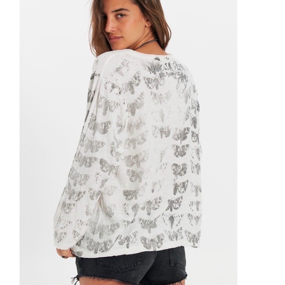 Magnolia Pearl White Long Sleeve Tee Shirt Black Moths SOLD‎ OUT Distressed NWT